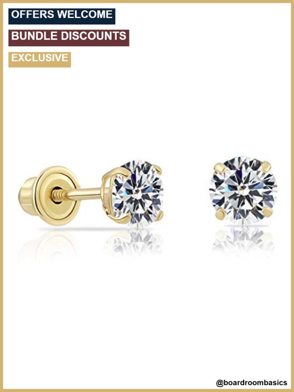 10k Yellow Gold Solitaire Round CZ Stud Earrings Screw Backs 5mm
